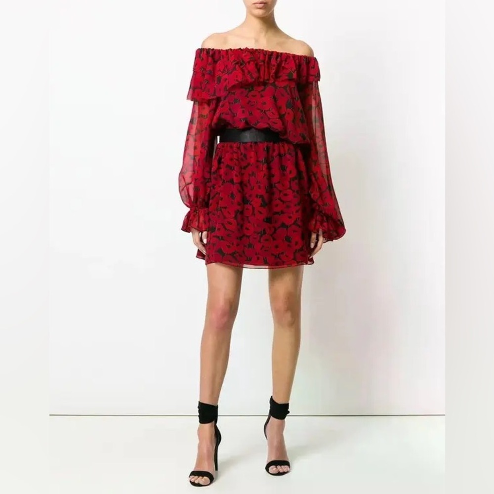 NWT Saint Laurent Silk Long Sleeve Off Shoulder Poppy Dress Red Sz 40